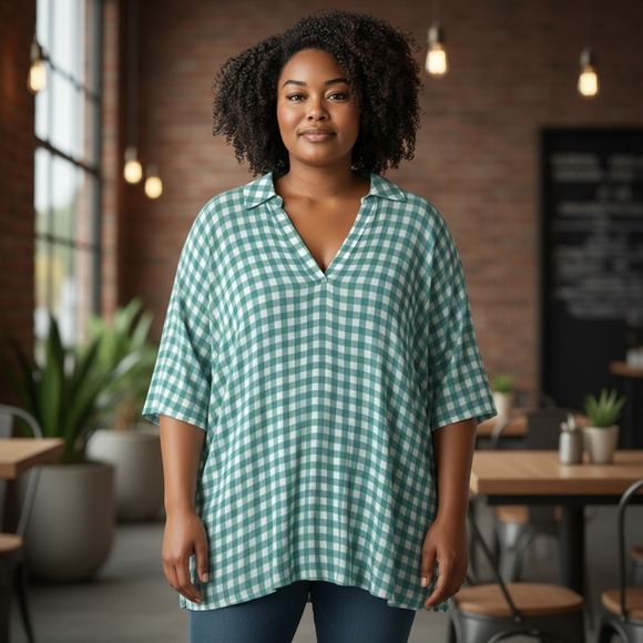 Soft Surroundings Al Fresco Gingham Tunic Top Womens 2X Green Cottagecore Summer - Picture 1 of 8